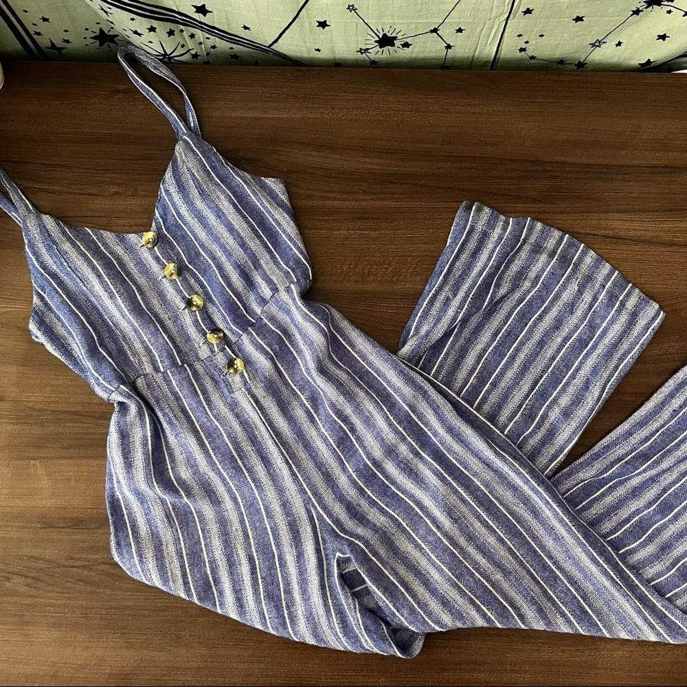 Blue Boho Striped Linen Jumpsuit - Picture 4 of 13